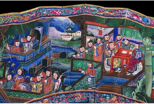 独角鹿西洋古董广东十三行银鎏金累丝烧蓝贝壳檀木双面手绘折扇 商品图4