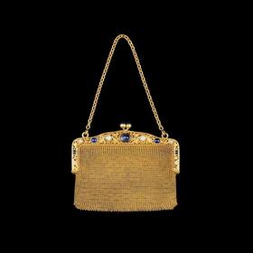 独角鹿西洋古董欧洲新艺术风18K黄金镶钻石蓝宝石网状编织零钱包