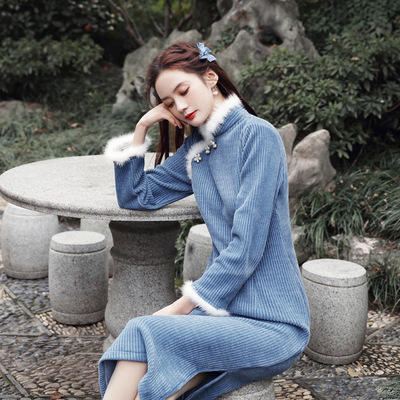 LB-1049 高级质感旗袍女2021年新款年轻款民国复古冬季加绒加厚中国风长袖 商品图1