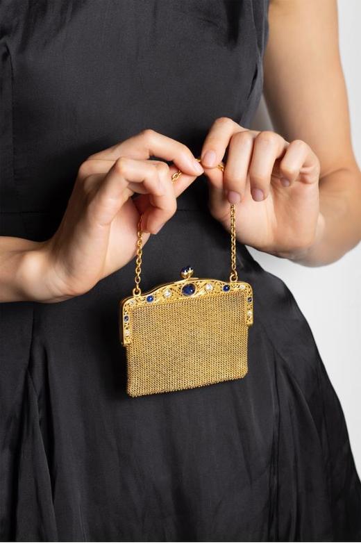 独角鹿西洋古董欧洲新艺术风18K黄金镶钻石蓝宝石网状编织零钱包 商品图1