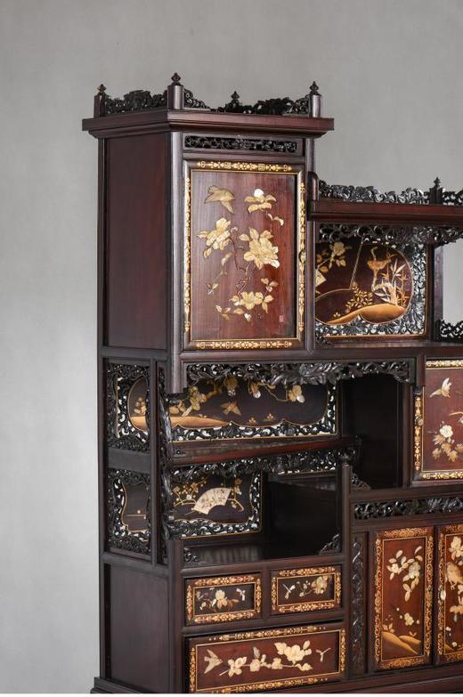 独角鹿西洋古董家具日本明治时期传统花鸟芝山镶嵌多宝阁立柜 商品图4