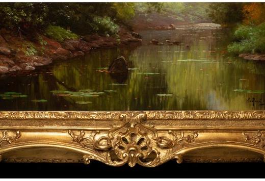 独角鹿西洋古董法国画家E. René-His签名布面油画《秋林碧水》 商品图3