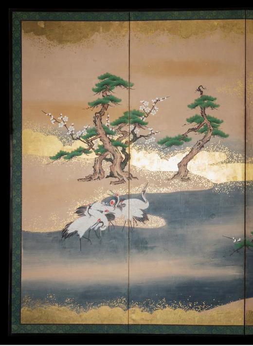 独角鹿西洋古董日本江户时期金地纸本着色仙鹤松湖六曲屏风日式 商品图1