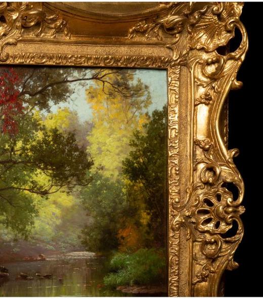独角鹿西洋古董法国画家E. René-His签名布面油画《秋林碧水》 商品图2
