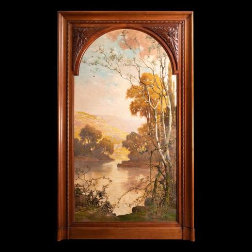 独角鹿西洋古董法国画家J. Georges风景布面油画金林秋波独钓人 商品图0