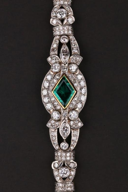 独角鹿西洋古董装饰艺术时期铂金镶嵌钻石哥伦比亚祖母绿手链手镯 商品图1