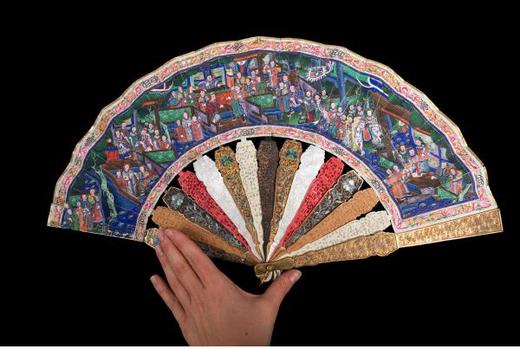 独角鹿西洋古董广东十三行银鎏金累丝烧蓝贝壳檀木双面手绘折扇 商品图2