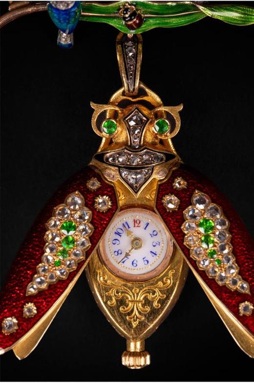 独角鹿西洋古董瑞士珐琅18K金镶钻石隐藏表盘甲虫雀鸟胸针怀表 商品图1