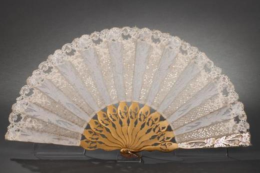 独角鹿西洋古董法国银色蝴蝶刺绣扇面镂空雕刻镀金木扇骨折扇 商品图2