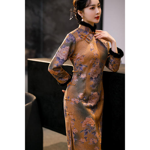 上海旗袍厂ZAYS-82228秋冬毛领旗袍2021年新款改良复古加厚加绒改良气质修身旗袍裙 商品图1