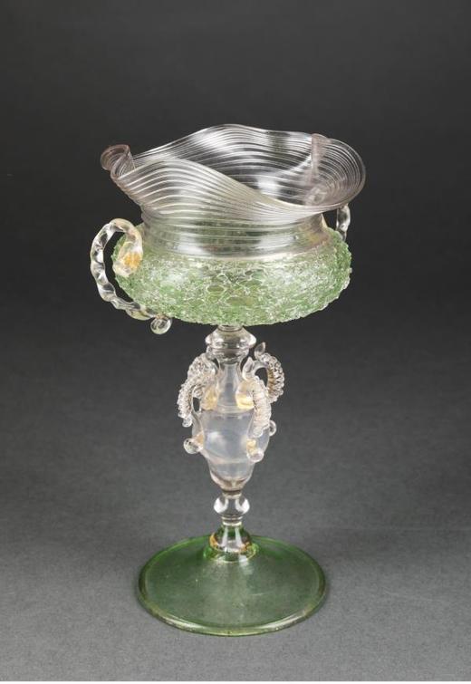 独角鹿西洋古董意大利出品威尼斯Murano玻璃绿色双耳高脚杯 商品图2