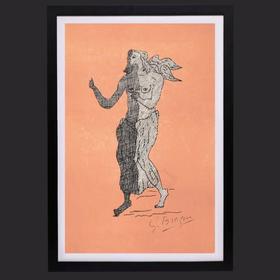 独角鹿西洋古董法国画家乔治·布拉克签名石版画粉色背景中的人物