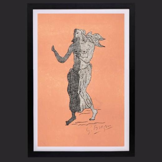 独角鹿西洋古董法国画家乔治·布拉克签名石版画粉色背景中的人物 商品图0