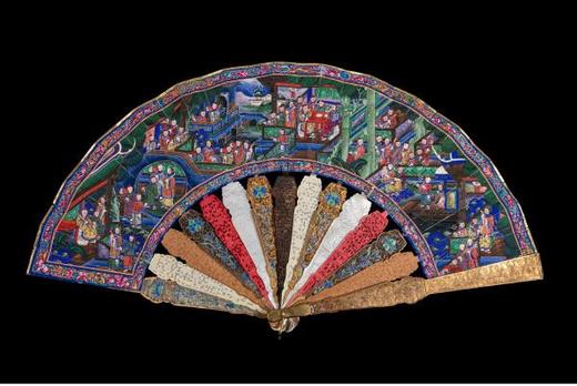 独角鹿西洋古董广东十三行银鎏金累丝烧蓝贝壳檀木双面手绘折扇 商品图1