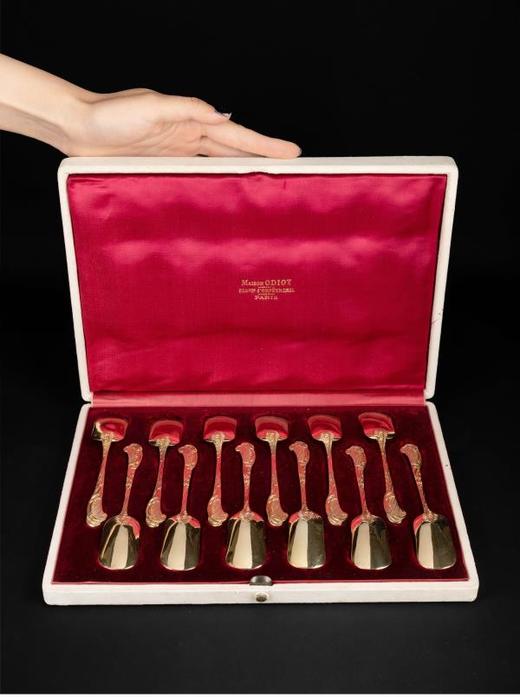 独角鹿西洋古董法国Odiot路易十五风纯银镀金汤匙勺子甜点套装 商品图1