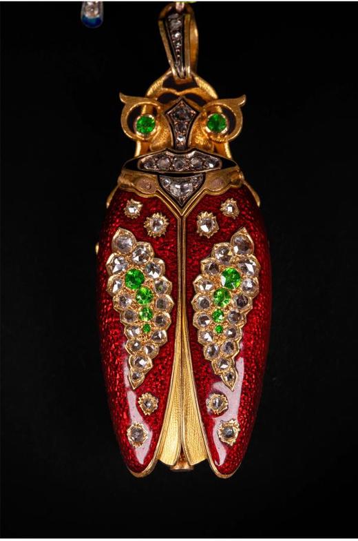 独角鹿西洋古董瑞士珐琅18K金镶钻石隐藏表盘甲虫雀鸟胸针怀表 商品图3