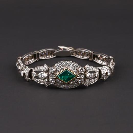 独角鹿西洋古董装饰艺术时期铂金镶嵌钻石哥伦比亚祖母绿手链手镯 商品图0