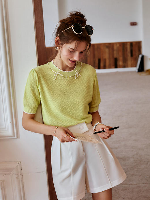 欧芮儿黄色针织衫女新款2021宽松珍珠圆领短袖小香风套头上衣 商品图0