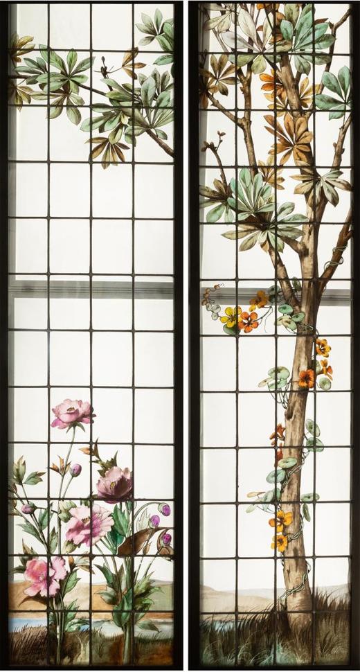独角鹿西洋古董19世纪法国花树雀鸟水边风景彩绘玻璃花窗一联四幅 商品图3