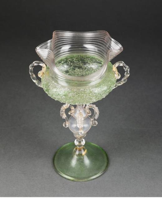 独角鹿西洋古董意大利出品威尼斯Murano玻璃绿色双耳高脚杯 商品图1