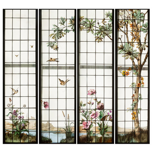 独角鹿西洋古董19世纪法国花树雀鸟水边风景彩绘玻璃花窗一联四幅 商品图0