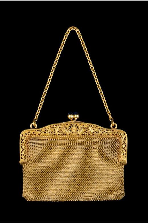 独角鹿西洋古董欧洲新艺术风18K黄金镶钻石蓝宝石网状编织零钱包 商品图4