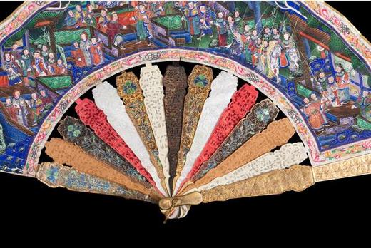 独角鹿西洋古董广东十三行银鎏金累丝烧蓝贝壳檀木双面手绘折扇 商品图3