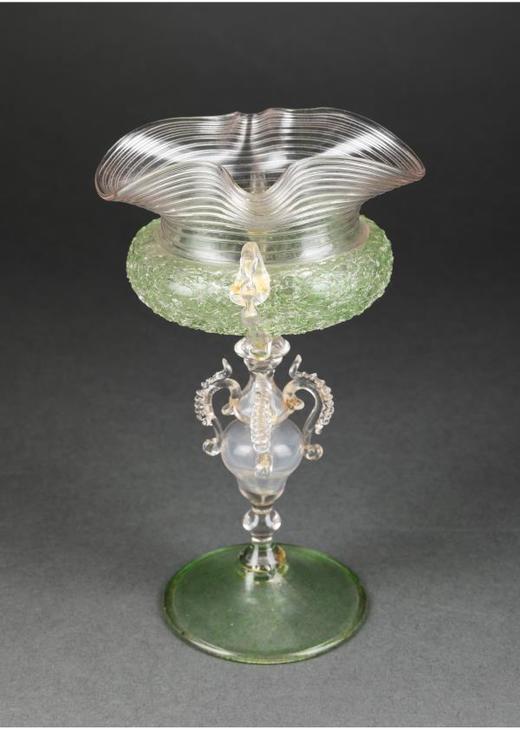 独角鹿西洋古董意大利出品威尼斯Murano玻璃绿色双耳高脚杯 商品图3