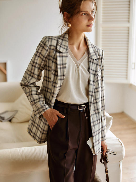 欧芮儿格子西装外套女新款2021复古宽松显瘦英伦风时尚大衣 商品图0