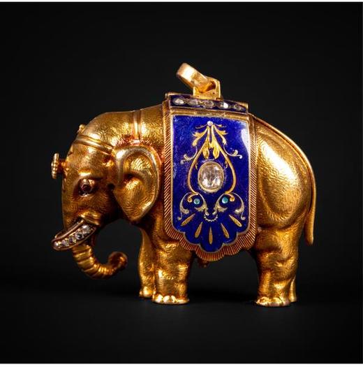 独角鹿西洋古董钟表瑞士珐琅饰黄金镶嵌钻石大象造型吊坠式怀表 商品图3