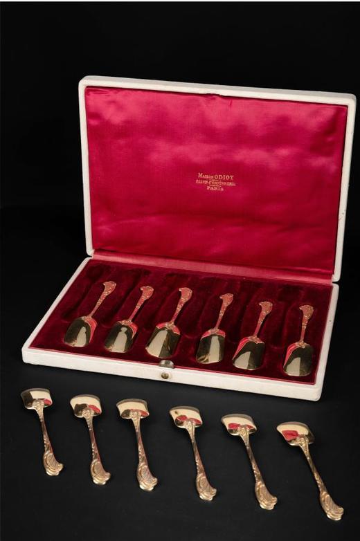 独角鹿西洋古董法国Odiot路易十五风纯银镀金汤匙勺子甜点套装 商品图2