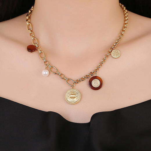 Retro Chic Hong Kong 1980系列 玳瑁金币满天星项链 商品图2