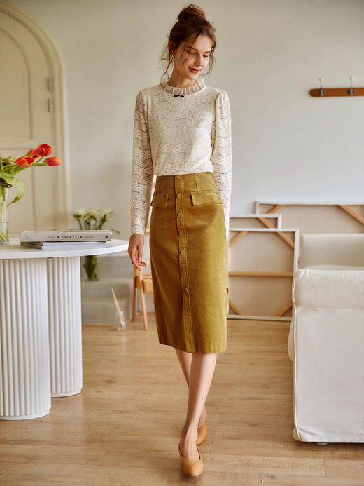 欧芮儿中长半身裙女秋季新款2021高腰显瘦法式复古直筒开叉a字裙 商品图2