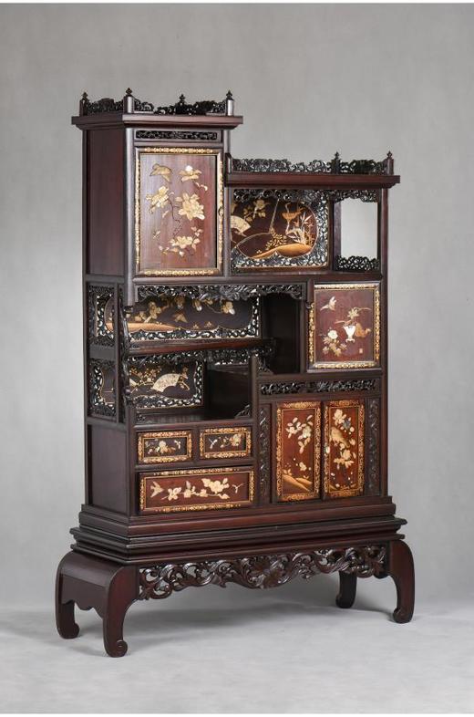 独角鹿西洋古董家具日本明治时期传统花鸟芝山镶嵌多宝阁立柜 商品图2