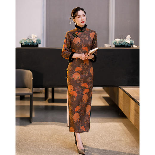 上海旗袍厂ZAYS-579秋冬新款毛领麂皮绒加绒加厚长款旗袍 商品图0