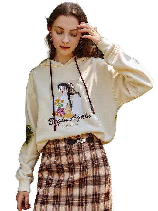 欧芮儿连帽卫衣女冬季2025年新款宽松显瘦慵懒风印花磨毛针织上衣 商品图3