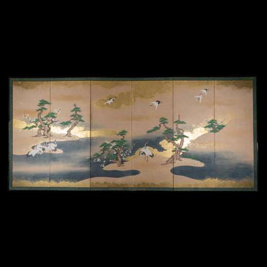 独角鹿西洋古董日本江户时期金地纸本着色仙鹤松湖六曲屏风日式 商品图0