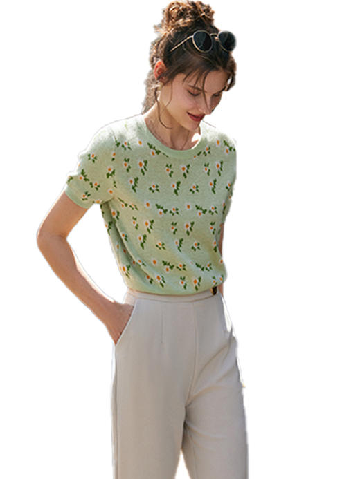 欧芮儿绿色针织衫女2021新短袖显瘦气质圆领提花冰丝薄款上衣 商品图3