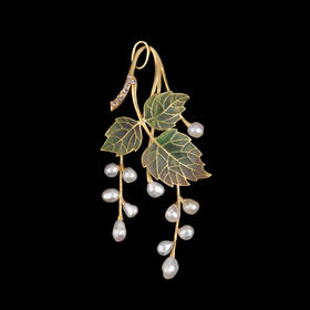 独角鹿西洋古董法国乔治·富凯18K金镶天然珍珠空窗珐琅果枝吊坠