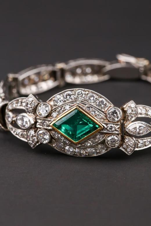 独角鹿西洋古董装饰艺术时期铂金镶嵌钻石哥伦比亚祖母绿手链手镯 商品图3
