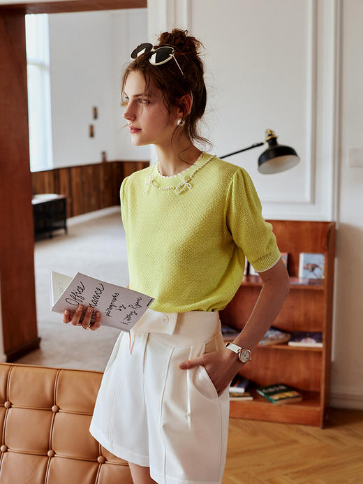 欧芮儿黄色针织衫女新款2021宽松珍珠圆领短袖小香风套头上衣 商品图2