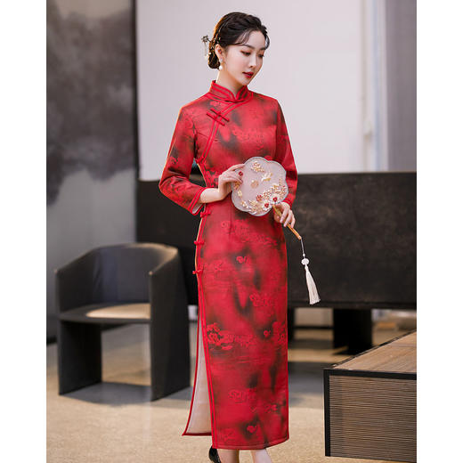 上海旗袍厂ZAYS-576冬款妈妈装麂皮绒加绒加厚九分袖复古侧八扣改良长款旗袍 商品图3