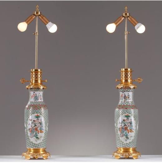 独角鹿西洋古董摆件法国铜鎏金装饰传统人物中国广彩瓷瓶台灯一对 商品图3