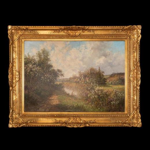 独角鹿西洋古董法国巴比松画派Pierre Ballue签名风景布面油画 商品图0