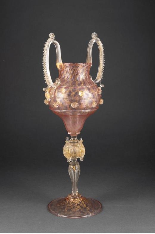 独角鹿西洋古董意大利威尼斯Murano玻璃点金工艺粉色双耳高脚杯 商品图1