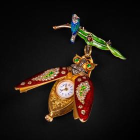 独角鹿西洋古董瑞士珐琅18K金镶钻石隐藏表盘甲虫雀鸟胸针怀表
