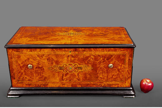 独角鹿西洋古董瑞士F.Conchon细木镶嵌外箱珐琅铃铛滚轴式音乐盒 商品图1