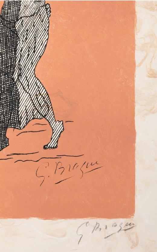 独角鹿西洋古董法国画家乔治·布拉克签名石版画粉色背景中的人物 商品图3