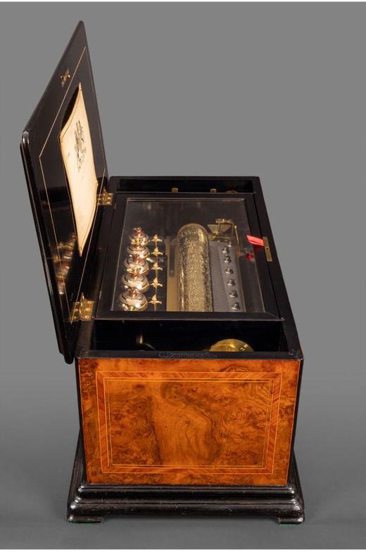 独角鹿西洋古董瑞士F.Conchon细木镶嵌外箱珐琅铃铛滚轴式音乐盒 商品图2