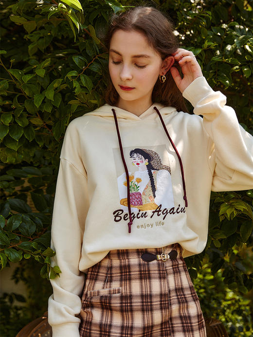 欧芮儿连帽卫衣女冬季2025年新款宽松显瘦慵懒风印花磨毛针织上衣 商品图0